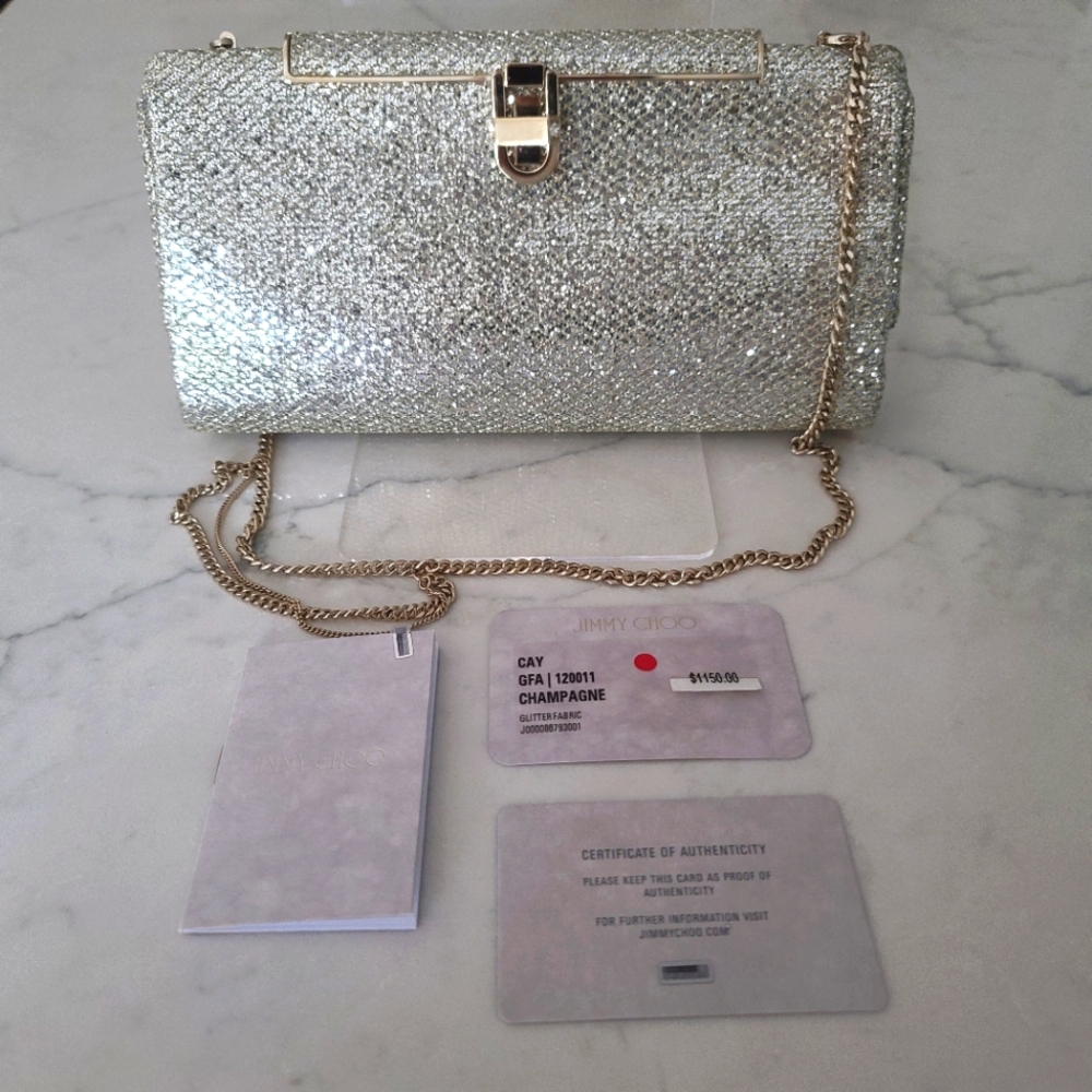 Jimmy Choo "Cay" Champagne Fabric Clutch